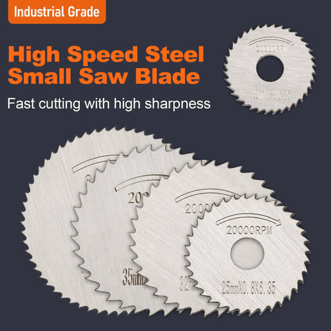 High speed steel small saw blades set, industrial grade, featuring three different sizes for cutting efficiency.