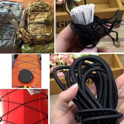 Heavy Duty One Quarter Inch By Twenty Five Feet Elastic Bungee Cord for Kayaks with UV resistant polyester sheath shown securing gear