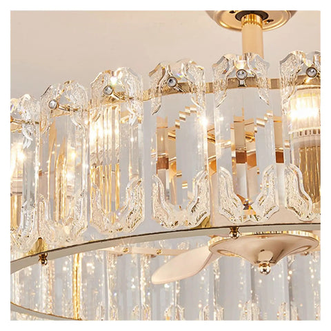 Close-up of Top Tier Modern Crystal Ceiling Fan Pendant Light showcasing crystal detailing and warm glow.