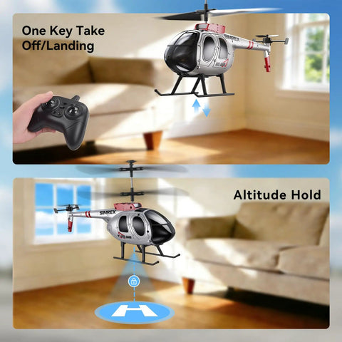 Beginner Friendly RC Helicopter With Auto Hover And Altitude Hold, shown indoors with remote control, highlighting stabilization.