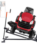 Beefy 880 LB Ride On Lawn Mower Lift Jack With Telescoping Lift Crank Handle And Power Tool Handle Foldable Lawn Tractor Lifter For Mowers And Garden Tractors Heavy Duty Black lifting a red riding mower