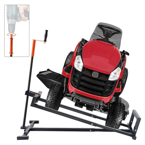 Beefy 880 LB Ride On Lawn Mower Lift Jack With Telescoping Lift Crank Handle And Power Tool Handle Foldable Lawn Tractor Lifter For Mowers And Garden Tractors Heavy Duty Black lifting a red riding mower