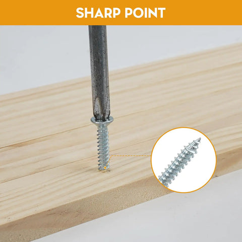 Pro Grade Wood Screws Set 240 PC Assortment Kit with 8 Sizes Flat Head Phillips Zinc Plated detail of screw point