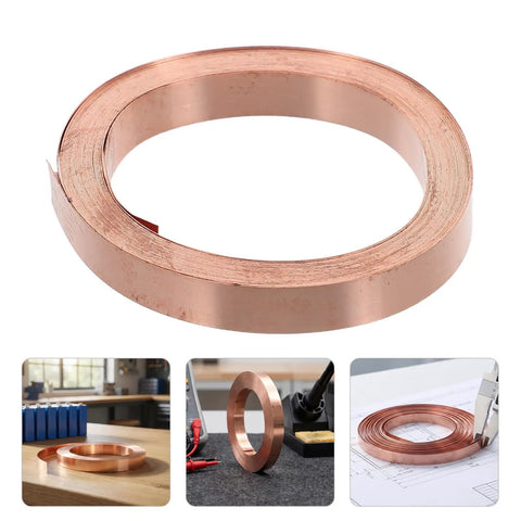 Straight Up Pure Copper Welding Strips For Ev Battery Packs And Power Modules Smooth Thin Copper Metal Roll displayed on workbench.