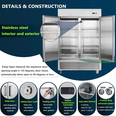 54 Inch Wide Two Door Commercial Stainless Steel Freezer 42.2 Cu Ft Upright Cold Storage Professional Kitchen Workhorse interior with shelves