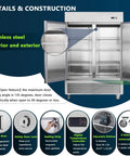 54 Inch Upright Commercial Freezer Heavy Duty Workhorse Design With Two Solid Doors 42.2 Cubic Foot Capacity Fan Cooled with stainless steel interior.