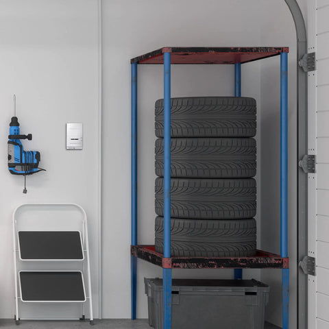 Manual Thermostat For Garage And Outdoor Buildings, Non Programmable White on wall beside tools and tires in garage setting