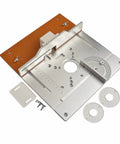 Heavy Duty Aluminum Router Table Insert Plate With Precision Center Bore And Pro Miter Tracks, showcasing components and precise measurements.