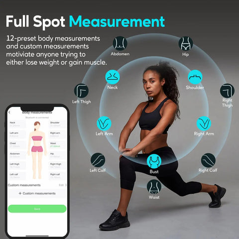 Bluetooth Body Tape Measure With App 60 Inch Retractable Locking Tape For Accurate Body Measurements And Body Fat Tracking with athlete and mobile app display.