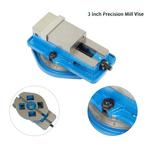 Beefy 3 Inch Precision Mill Vise With 360 Degree Swivel Base For CNC Milling Machines, Heavy Duty Milling Vise Fits Machining Centers, Durable Cast Iron Body With Steel Jaw, 3.2 Inch Jaw Opening, blue vise angled view