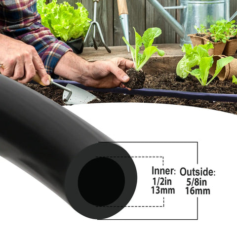 Half Inch Drip Irrigation Tubing 49.2 Feet Main Garden Watering Line in use with garden plants showing size specifications