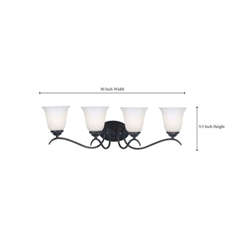 Medusa 4 Light Vanity Light In Oil Rubbed Bronze With Alabaster White Glass Shades, 30 Inch Wide Bathroom Wall Fixture, front view