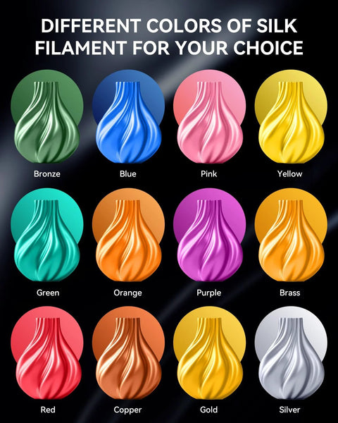 Silk PLA 3D printer filament in 12 colors, 1.75mm diameter, 1kg total.