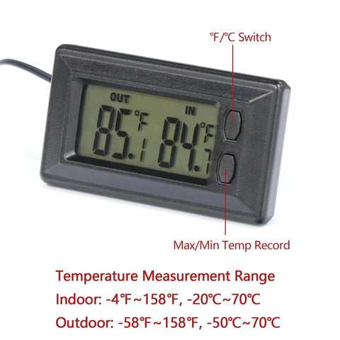 Front view of black digital car thermometer with dual Fahrenheit/Celsius indoor/outdoor displays, max/min memory, side buttons.