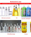 Extensive use of bottles for various products like oils, skincare, detergent, and honey, showcasing diverse applications.