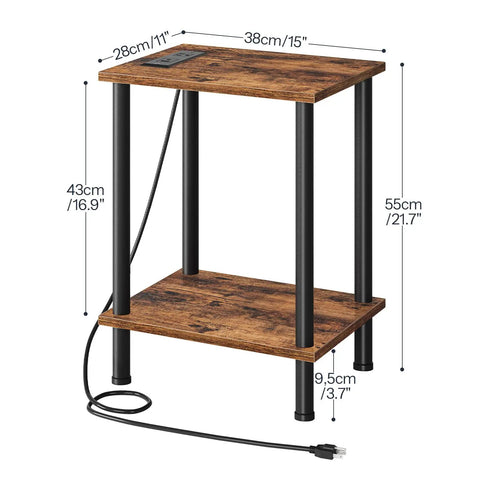 Super Handy End Table With Built In Charging Station And USB Port Type C Outlet For Nightstand Use In Small Spaces Rustic Brown Two Shelf Side Table