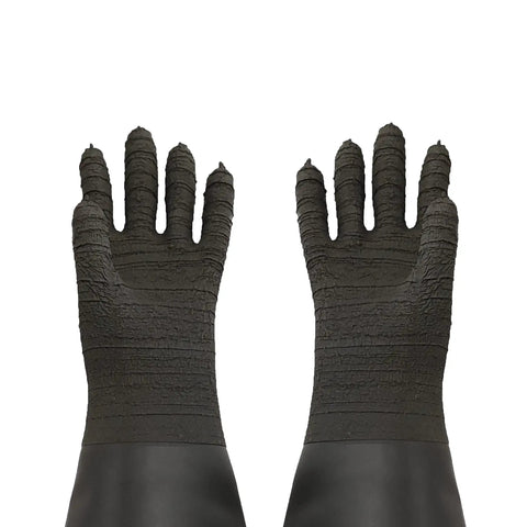 Heavy Duty Sandblasting Gloves 24.8 Inch Length with black striped design, durable latex rubber, chemical resistant, on white background