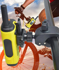 Heavy-Duty Motorcycle Walkie Talkie Mount for Bikes and ATVs on handlebars with yellow radio, strong clamp