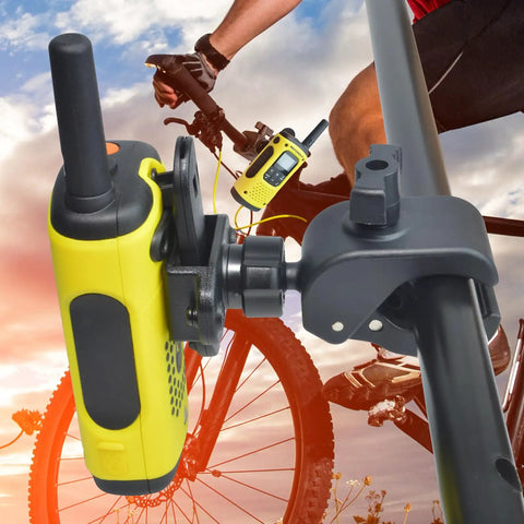 Heavy-Duty Motorcycle Walkie Talkie Mount for Bikes and ATVs on handlebars with yellow radio, strong clamp