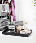 Keep Your Counter Slick Using This Solid Resin Vanity Tray Mini Ink Black Soap Dispenser Stand And Jewelry Catchall For Kitchen Organization Durable Build That Gonna Serve You Right. Black resin tray with perfume and cosmetics.