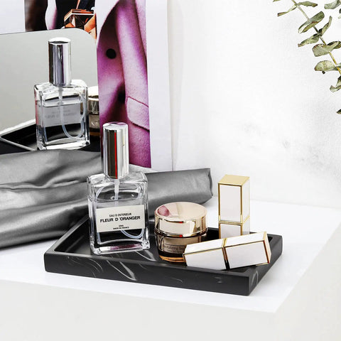 Keep Your Counter Slick Using This Solid Resin Vanity Tray Mini Ink Black Soap Dispenser Stand And Jewelry Catchall For Kitchen Organization Durable Build That Gonna Serve You Right. Black resin tray with perfume and cosmetics.