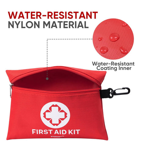 PTEROMY red mini first aid kit pouch, water-resistant nylon with zip and carabiner