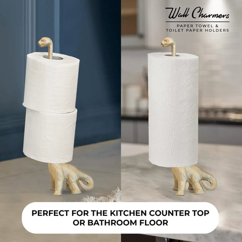 Totally Gold Dino Paper Towel Holder Stand for Kitchen and Bathroom Decor, whimsical dinosaur design on countertop