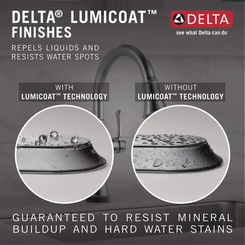 Image showcasing Delta Lumicoat finishes on a faucet, demonstrating water resistance and anti-mineral buildup technology.