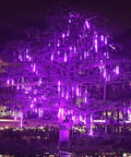 Purple 8-tube Meteor Shower Rain Lights 192 LED Icicle Strings on tree, cascading decoration for yard holiday season