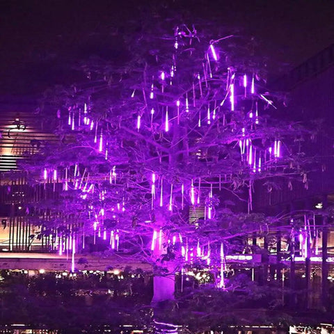 Purple 8-tube Meteor Shower Rain Lights 192 LED Icicle Strings on tree, cascading decoration for yard holiday season