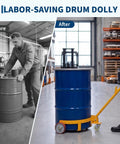 Heavy Duty Steel Drum Dolly Cart For 55 Gallon Oil Barrels with cushioned handle, shown moving a blue drum easily.