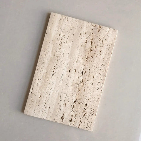 Beige Travertine Marble Slab Tray With Right Angle Surface Plate And Non Slip Mat For Home Decor, Dope Natural Stone With Irregular Holes For Rustic Vibe, Decorative Tray Or Display Surface 11.8 x 7.87 x 0.39 Inches, top view