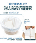 Heavy Duty Medical Grade Commode Liners With Super Absorbent Pads for standard commodes, showing size dimensions and organized pads.