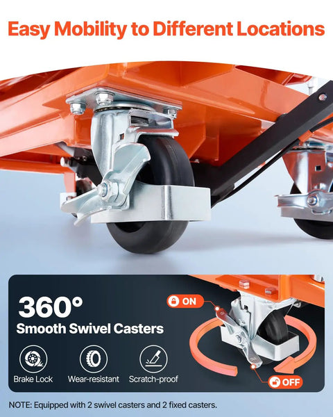 Heavy Duty Hydraulic Lift Table Boasting 500 Lb Capacity And 47 Inch Lifting Height Double Scissor Cart swivel caster detail.