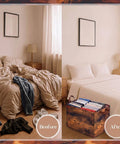 Before and after bedroom organization with 6 Pack Retro Large Fabric Storage Bins With Heavy Duty Handles.