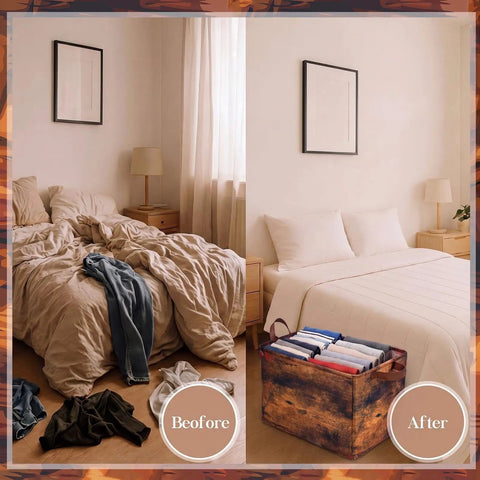 Before and after bedroom organization with 6 Pack Retro Large Fabric Storage Bins With Heavy Duty Handles.