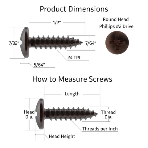 5 By One Half Inch Antique Copper Round Head Phillips Wood Screws Pack Of Twenty Five Self Tapping Steel Fasteners For Woodworking dimensions and measurement details