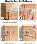 Quick installation steps for Six Pack Clear Baby Drawer Locks Zero Sweat Install for smooth push button design.
