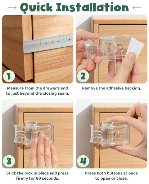 Quick installation steps for Six Pack Clear Baby Drawer Locks Zero Sweat Install for smooth push button design.