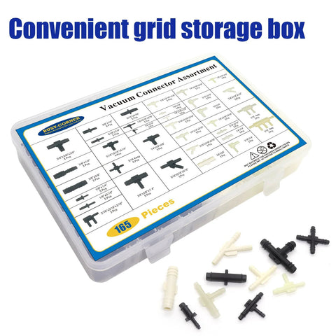 automotive vacuum connector kit with 165 pieces and 34 sizes in a grid storage box