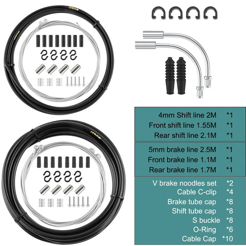 Universal Bicycle Brake Cable And Shift Cable Kit With Housing, End Caps And O-Rings, PVC And Stainless Steel Construction