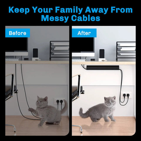 Comparison of desk before and after using the Under Desk Cable Management Kit For Home And Office Keep Cords Neat Safe And Pet Proof With This 2 Pack Cord Organizer