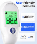 Forehead Thermometer For Adults And Kids Portable Mini Digital Thermometer With One Second High Precision Sensor Medical Grade Chip Instant Readings And Ten Readings Memory For Simple Health Tracking, white handheld display