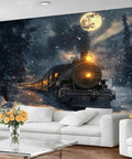Epic Steam Locomotive Wall Mural 3D Train Wallpaper For Living Room And Bedroom Oversized 177.16 By 120 Inches High Density Silk Cloth Durable Indoor Decor Realistic Vintage Locomotive Vibe showing a steam train in a snowy forest at night.