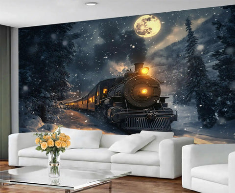 Epic Steam Locomotive Wall Mural 3D Train Wallpaper For Living Room And Bedroom Oversized 177.16 By 120 Inches High Density Silk Cloth Durable Indoor Decor Realistic Vintage Locomotive Vibe showing a steam train in a snowy forest at night.