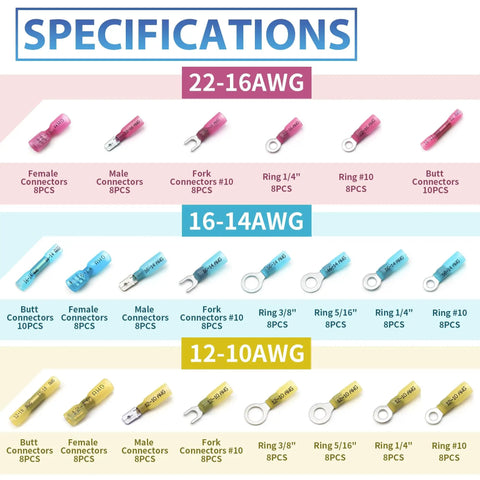 180Pcs Heat Shrink Wire Connectors Kit Waterproof Marine Automotive Battery Electrical Crimp Terminals Set with various connectors shown in 22-16, 16-14, and 12-10 AWG sizes.