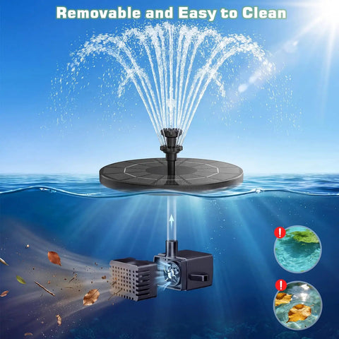 3.5W Solar Fountain Pump With Built In 1500mAh Battery, Bird Bath Fountain With 6 Nozzles, Floating Solar Water Pump For Bird Bath, Pond, Pool, Garden And Outdoor Use showing water spray from solar panel