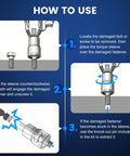 Instruction guide showing use of 5 Piece Lug Nut Extractor Set With Half Inch Drive For Stripped Nuts And Bolts, three steps.