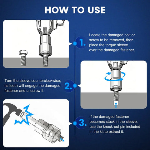 Instruction guide showing use of 5 Piece Lug Nut Extractor Set With Half Inch Drive For Stripped Nuts And Bolts, three steps.
