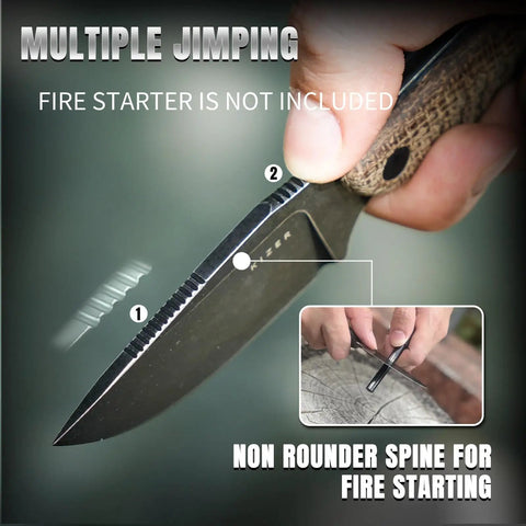 3.14 Inch D2 Fixed Blade Knife With Sheath showing blade jimping and handle grip for outdoor use, fire starter demonstration inset